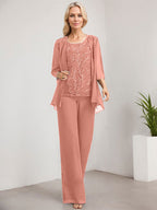 Zweiteiliger Jumpsuit/Hosenanzug, bodenlanges Chiffon-Kleid mit Spitze und Pailletten für die Mutter der Braut
