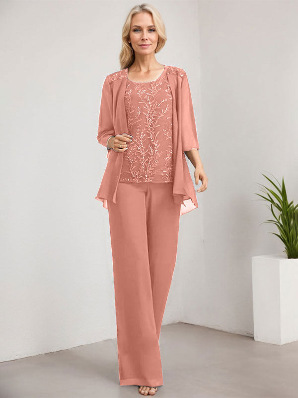 Vestido de madre de la novia de gasa con encaje y lentejuelas, con escote redondo y largo hasta el suelo, con mono/pantalón separado