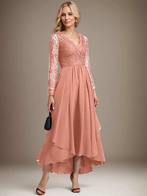 A-Linien-Kleid aus Chiffon mit V-Ausschnitt und asymmetrischer Spitze für die Mutter der Braut