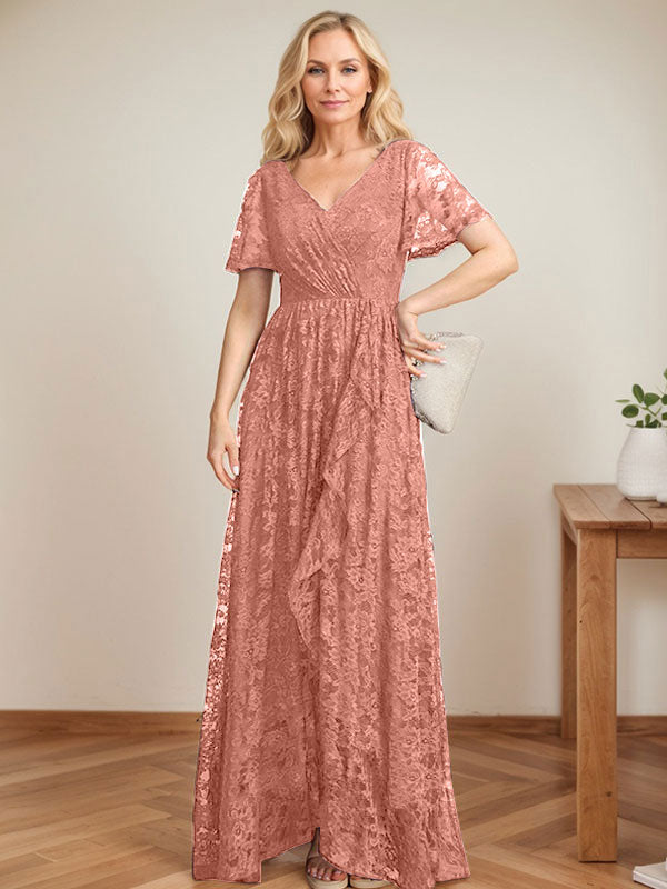 A-Linien-Kleid mit V-Ausschnitt, asymmetrischem Spitzenbesatz und Kaskadenrüschen für die Mutter der Braut 