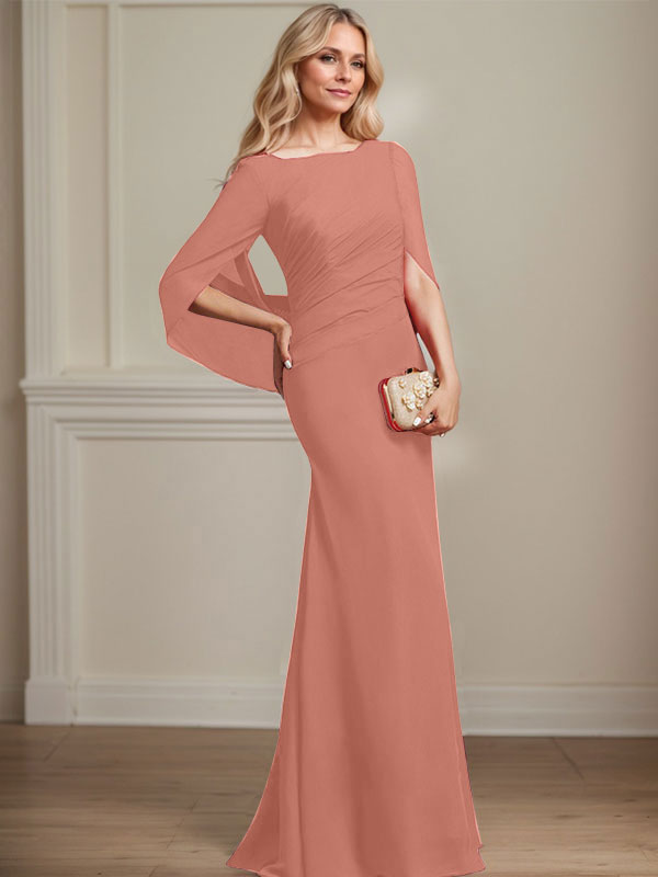 Vestido de gasa para madre de la novia con escote barco, corte trompeta/sirena, largo hasta el suelo, con pliegues 