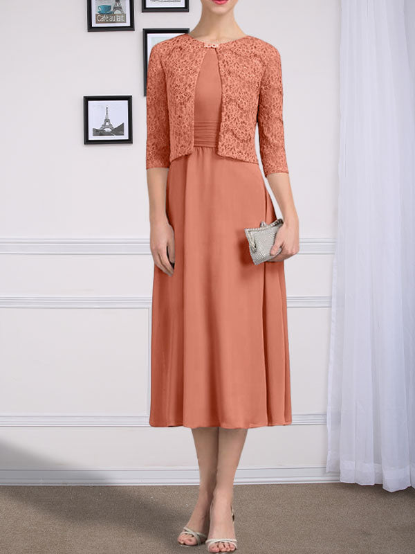Vestido de gasa para madre de la novia, corte A, escote redondo, largo hasta la rodilla, con pliegues