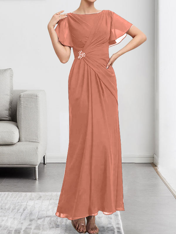 A-Linien-Chiffonkleid mit Rundhalsausschnitt, knöchellang, mit Perlenstickerei und Falten für die Mutter der Braut