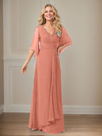 Langes Pailletten-Chiffon-Kleid in A-Linie mit V-Ausschnitt für die Mutter