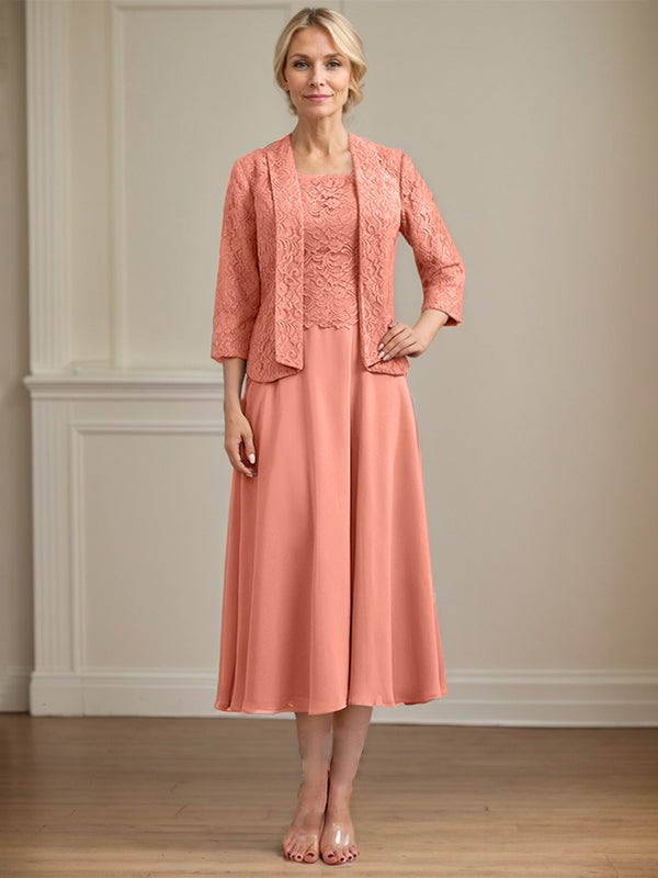 Vestido de gasa con encaje y escote redondo hasta la rodilla para madre de la novia 