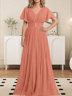 A-Linien-Chiffonkleid mit V-Ausschnitt, bodenlang, für die Mutter der Braut, mit Kristallbrosche und Falten 