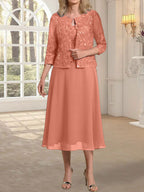 Vestido de gasa con encaje y lentejuelas para madre de la novia, corte A, escote redondo y largo hasta la rodilla 