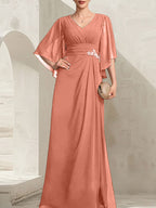Vestido de gasa para madre de la novia, con escote en V, largo hasta el suelo, con lentejuelas plisadas y abalorios.