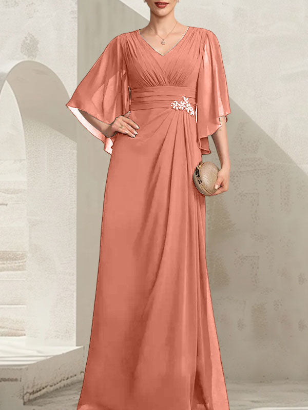 Vestido de gasa para madre de la novia, con escote en V, largo hasta el suelo, con lentejuelas plisadas y abalorios.