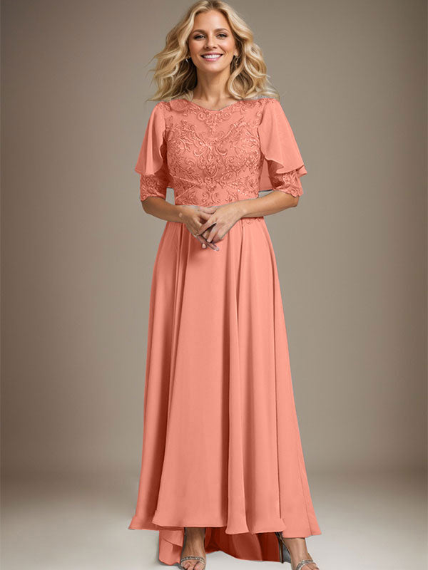 Vestido de madre de la novia de gasa asimétrica con encaje, ilusión, corte A y escote redondo con cuentas 
