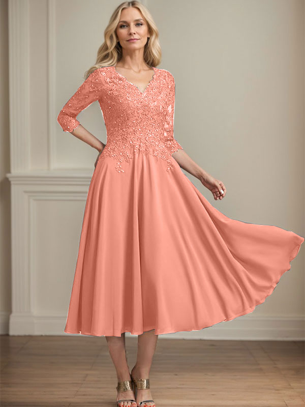 A-Linien-Kleid aus Chiffonspitze mit V-Ausschnitt, Teelänge, Perlen- und Paillettenstickerei für die Mutter der Braut 