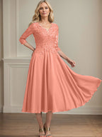 A-Linien-Kleid aus Chiffonspitze mit V-Ausschnitt, Teelänge, Perlen- und Paillettenstickerei für die Mutter der Braut 