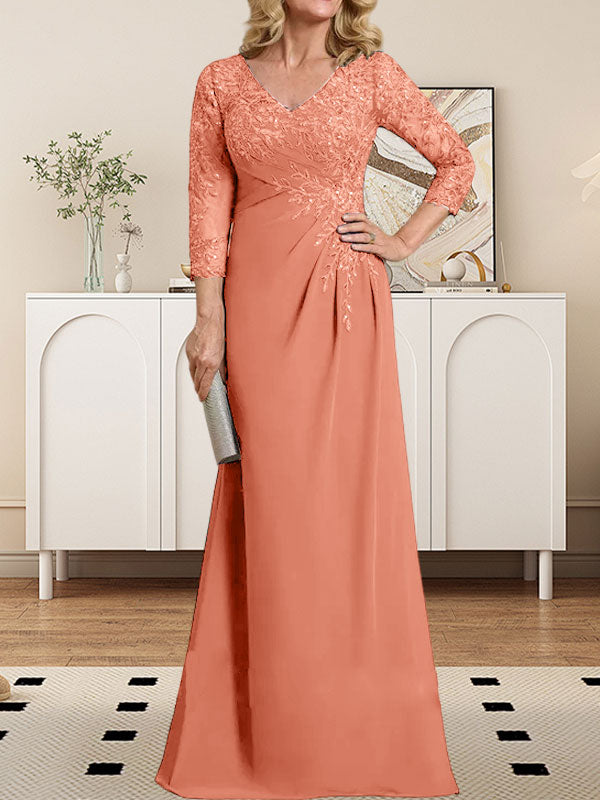 Vestido de madre de la novia de gasa con encaje, escote en V, ilusión, largo hasta el suelo, con lentejuelas plisadas 