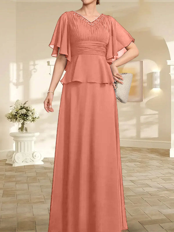 Vestido de gasa para madre de la novia, corte A, escote en V, largo hasta el suelo, con cuentas plisadas