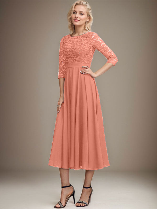 Vestido de gasa con encaje y lentejuelas para madre de la novia, corte A, escote redondo y largo hasta la rodilla