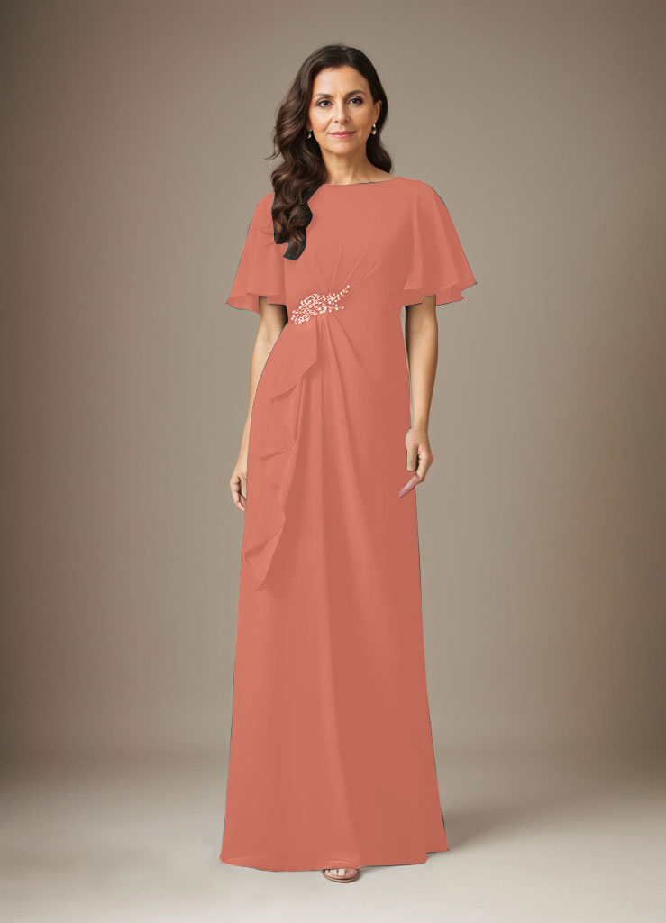 Dunkelblaues Etuikleid aus Chiffon mit Perlenbesatz
