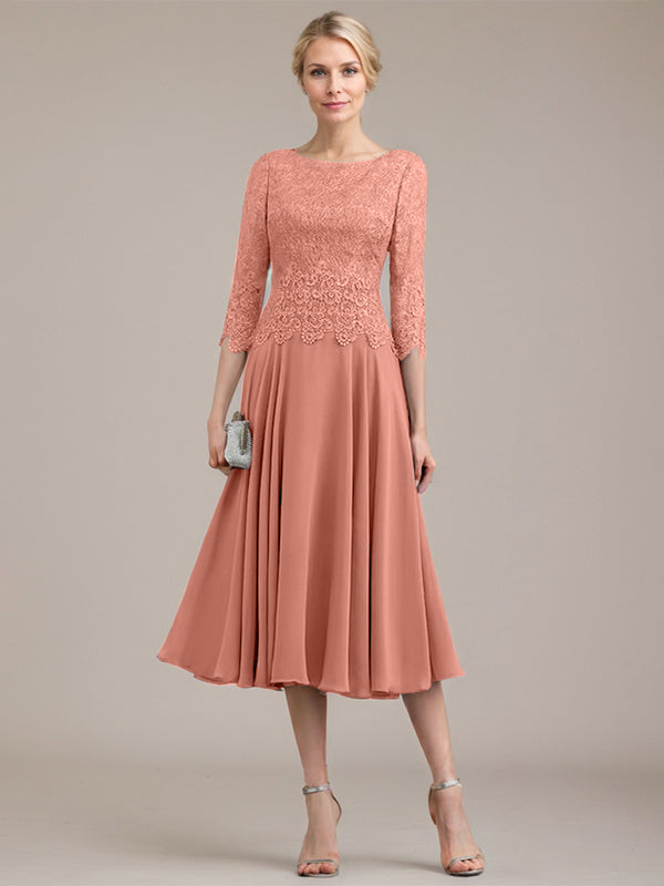 A-Linien-Kleid aus Chiffon mit Rundhalsausschnitt und Teelänge für die Mutter der Braut 