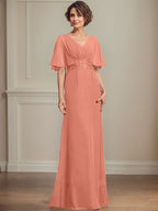 A-Linien-Kleid aus Chiffon mit V-Ausschnitt, bodenlang, für die Mutter der Braut, mit plissierten Paillettenapplikationen und Spitze