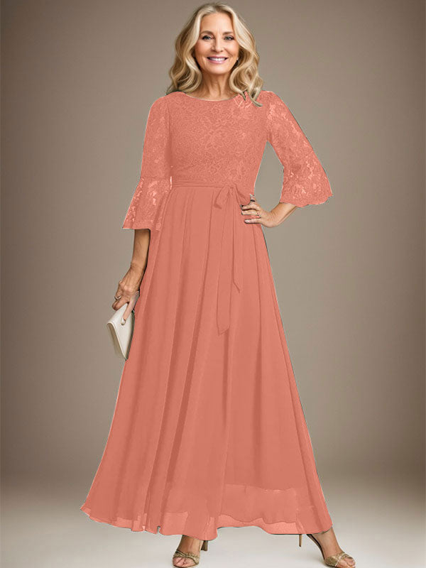 Vestido de gasa con encaje y lazo para madre de la novia, corte A, escote redondo hasta los tobillos