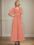 A-Linien-Chiffonkleid mit V-Ausschnitt, Knöchellänge, plissierten Pailletten und Perlenstickerei für die Mutter der Braut