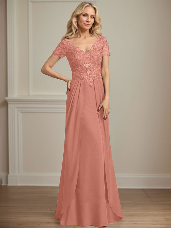 Vestido de gasa con encaje y escote en V hasta el suelo para madre de la novia