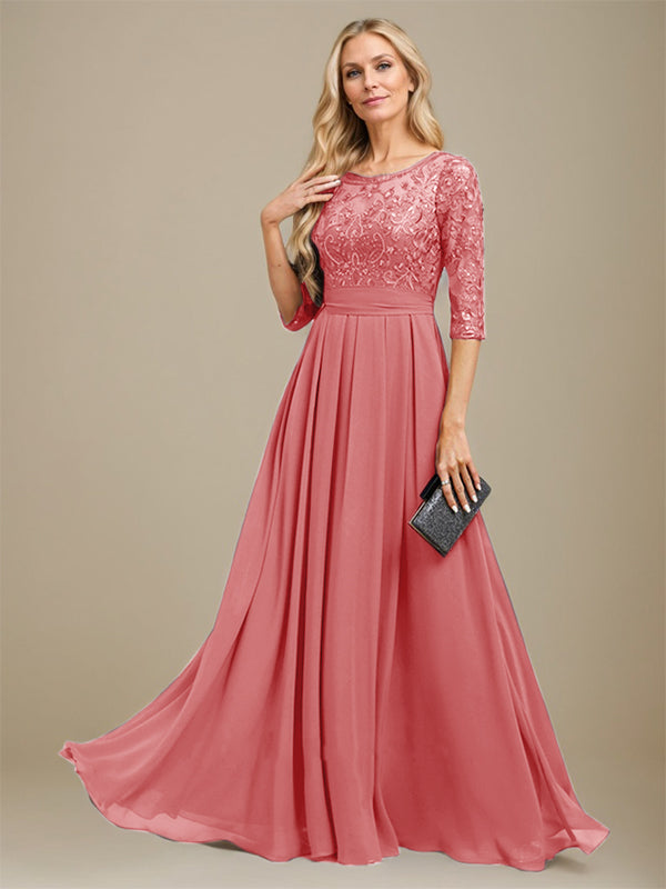 A-Linien-Kleid aus Chiffon mit Paillettenapplikationen und Rundhalsausschnitt, bodenlang, für die Mutter der Braut 