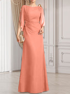 Etui-/Säulen-Chiffonkleid in Bodenlänge für die Mutter der Braut mit plissierter Perlenstickerei