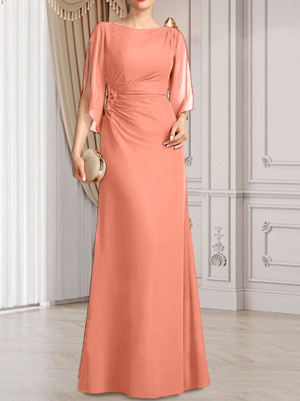 Etui-/Säulen-Chiffonkleid in Bodenlänge für die Mutter der Braut mit plissierter Perlenstickerei