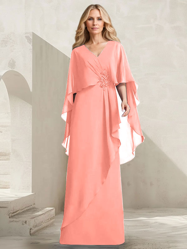 A-Linien-Kleid aus Chiffon mit V-Ausschnitt, bodenlang, mit Kaskadenrüschen und Perlenstickerei für die Mutter der Braut. 