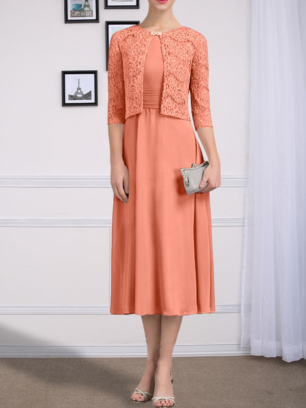 Vestido de gasa para madre de la novia, corte A, escote redondo, largo hasta la rodilla, con pliegues