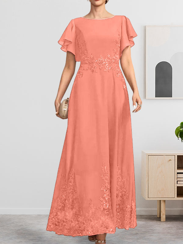 A-Linien-Kleid mit Rundhalsausschnitt, knöchellang, aus Spitze und Chiffon, mit Pailletten besetzt