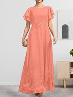 A-Linien-Kleid mit Rundhalsausschnitt, knöchellang, aus Spitze und Chiffon, mit Pailletten besetzt