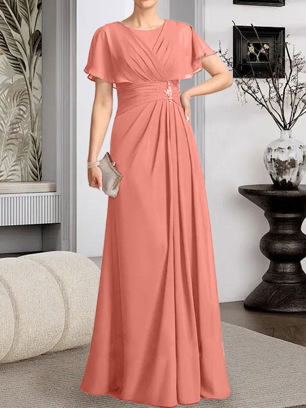 A-Linien-Kleid aus Chiffon mit Rundhalsausschnitt und bodenlanger Verarbeitung, verziert mit plissierten Perlen.