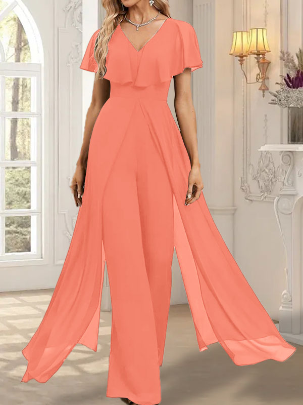 Jumpsuit/Hosenanzug, bodenlanges Chiffon-Abendkleid mit V-Ausschnitt