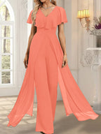Jumpsuit/Hosenanzug, bodenlanges Chiffon-Abendkleid mit V-Ausschnitt
