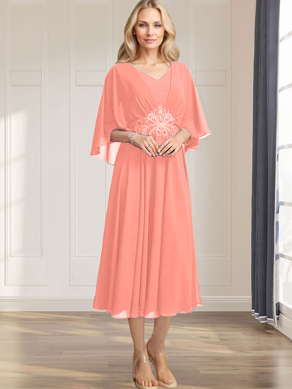 A-Linien-Kleid aus Chiffon mit V-Ausschnitt, Teelänge, plissierten Paillettenapplikationen und Perlenstickerei für die Mutter der Braut 