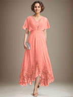 A-Linien-Kleid aus Chiffon mit asymmetrischem V-Ausschnitt und Spitze für die Mutter der Braut mit Falten