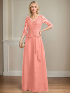 A-Linien-Kleid aus Chiffon mit V-Ausschnitt, bodenlang, mit Spitze, Kaskadenrüschen und Pailletten für die Mutter der Braut 