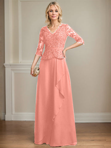 A-Linien-Kleid aus Chiffon mit V-Ausschnitt, bodenlang, mit Spitze, Kaskadenrüschen und Pailletten für die Mutter der Braut 