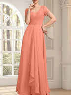 A-Linien-Kleid mit herzförmigem Herzausschnitt, bodenlang, aus Chiffon und Spitze, mit Perlenstickerei und Kaskadenrüschen – ideal für die Mutter der Braut