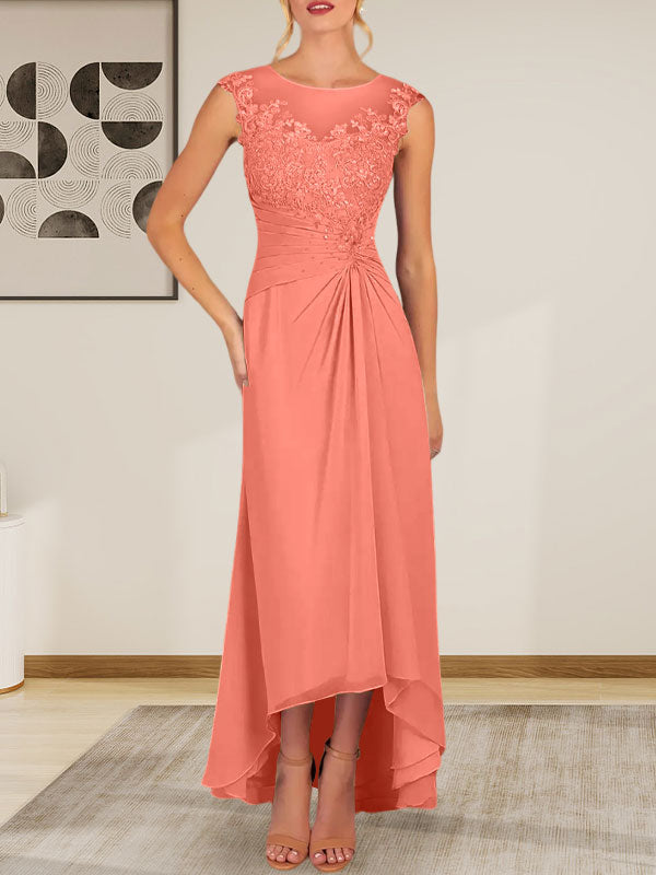 Champagnerfarbenes A-Linien-Chiffonkleid mit Rundhalsausschnitt und Spitze