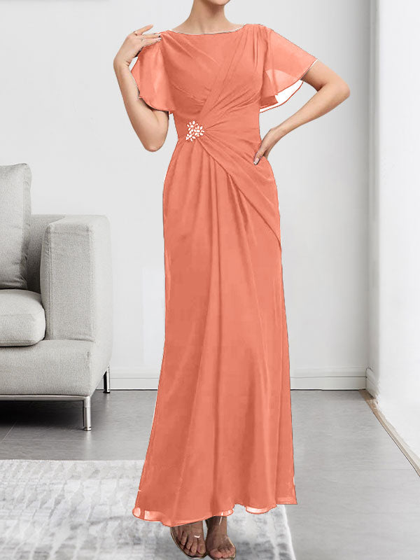 A-Linien-Chiffonkleid mit Rundhalsausschnitt, knöchellang, mit Perlenstickerei und Falten für die Mutter der Braut