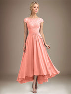 A-Linien-Kleid aus Chiffon mit asymmetrischem, plissiertem Spitzeneinsatz und Illusion-Ausschnitt für die Mutter der Braut 