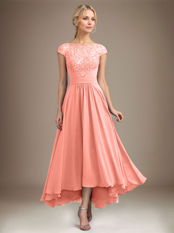 A-Linien-Kleid aus Chiffon mit asymmetrischem, plissiertem Spitzeneinsatz und Illusion-Ausschnitt für die Mutter der Braut 