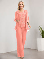 Zweiteiliger Jumpsuit/Hosenanzug, bodenlanges Chiffon-Kleid mit Spitze und Pailletten für die Mutter der Braut