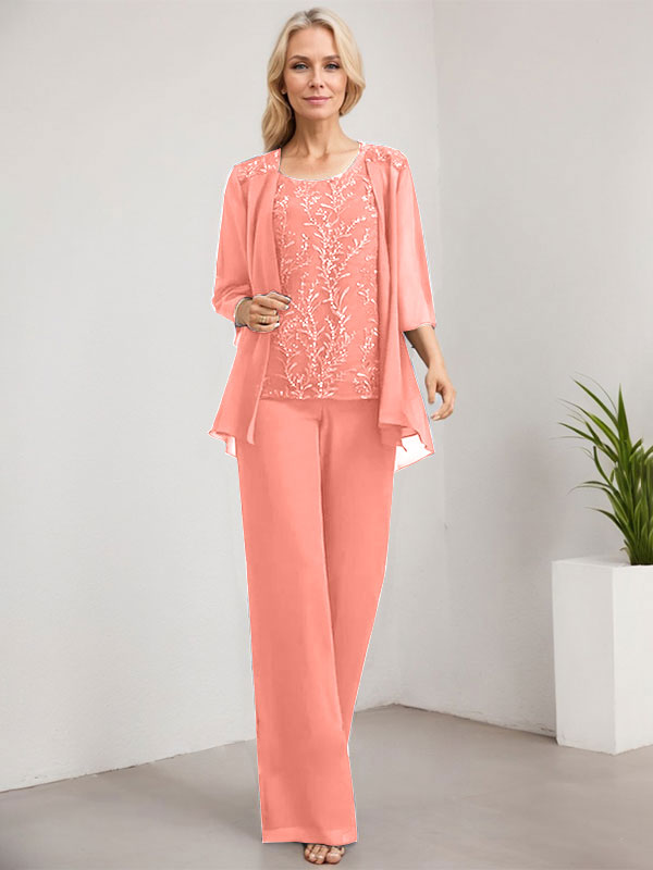 Vestido de madre de la novia de gasa con encaje y lentejuelas, con escote redondo y largo hasta el suelo, con mono/pantalón separado