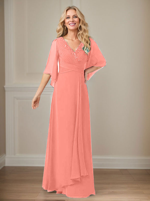 Langes Pailletten-Chiffon-Kleid in A-Linie mit V-Ausschnitt für die Mutter