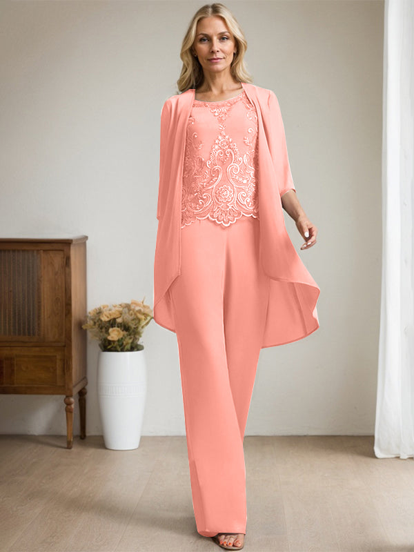 Vestido de madre de la novia de gasa con encaje, escote redondo y lentejuelas y mono/pantalón separado 