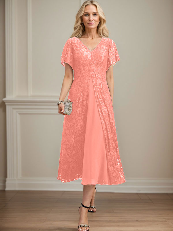 A-Linien-Kleid aus Chiffon mit V-Ausschnitt und Teelänge für die Mutter der Braut 