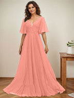 A-Linien-Kleid aus Chiffon mit V-Ausschnitt, bodenlang, mit Paillettenapplikationen, Spitze und Falten für die Mutter der Braut 